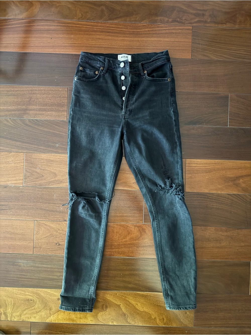 Agolde Black High-Rise Distressed Skinny Jeans with Button Fly